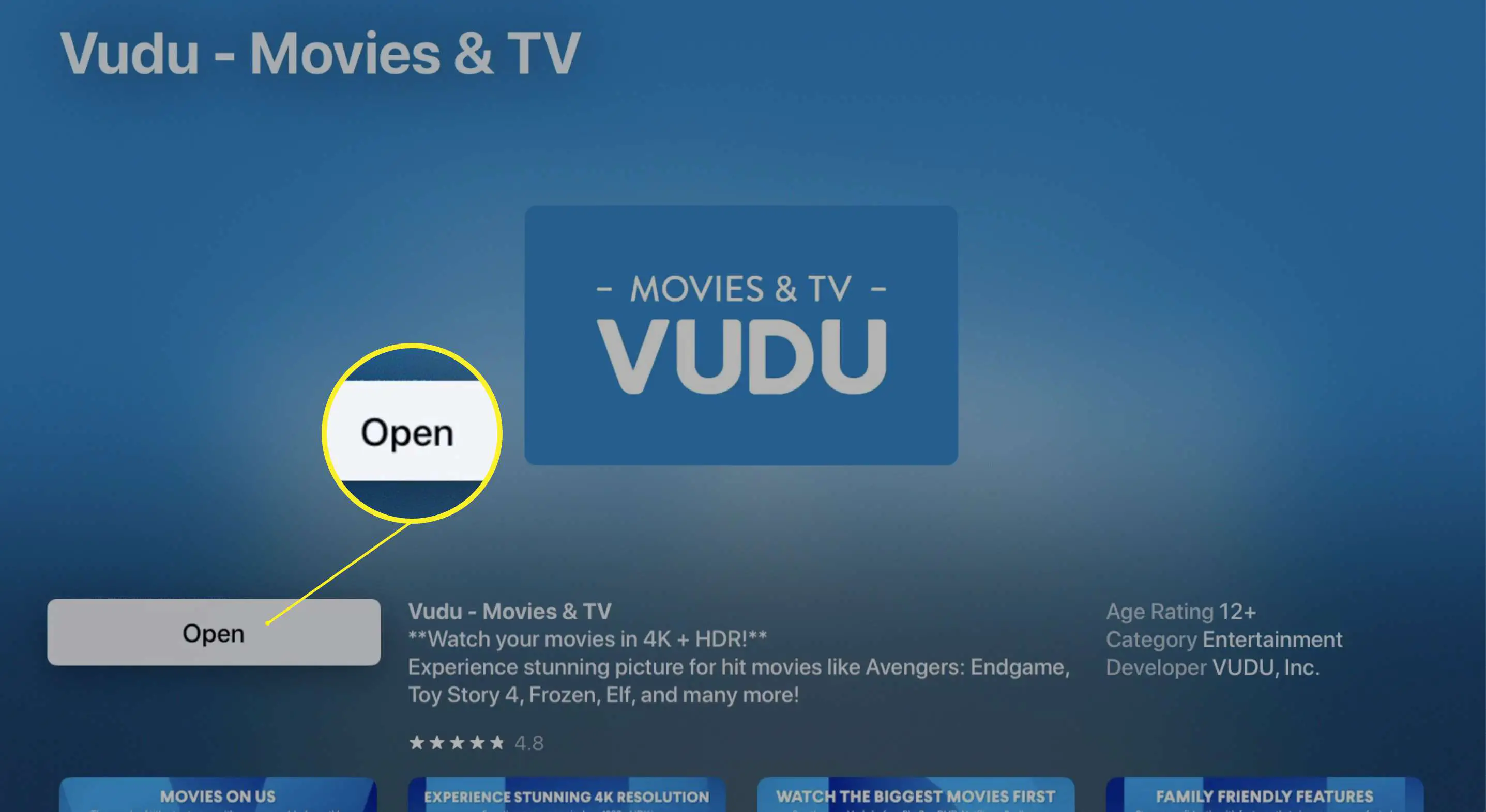 Página do Vudu na App Store da Apple TV