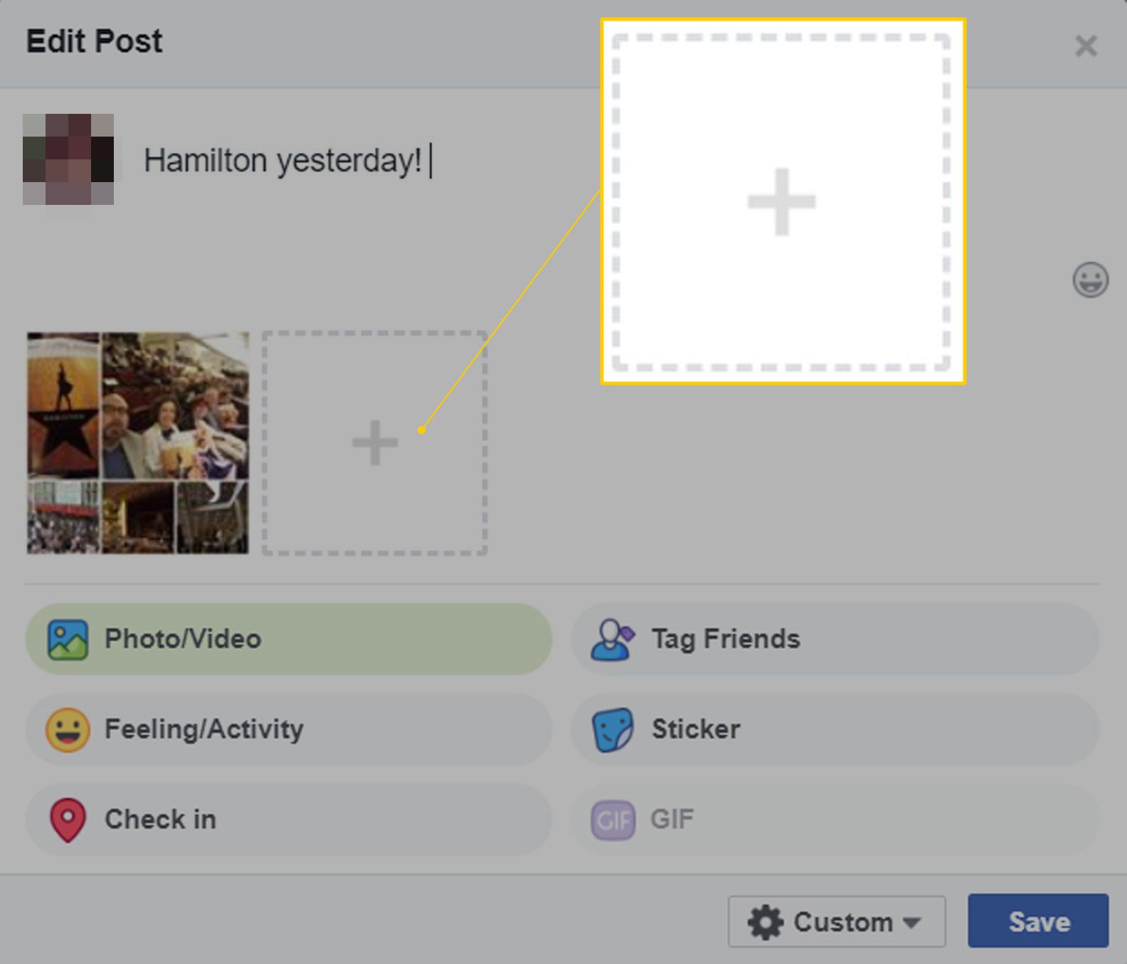 Adicionar um botão de foto em Editar postagem no Facebook