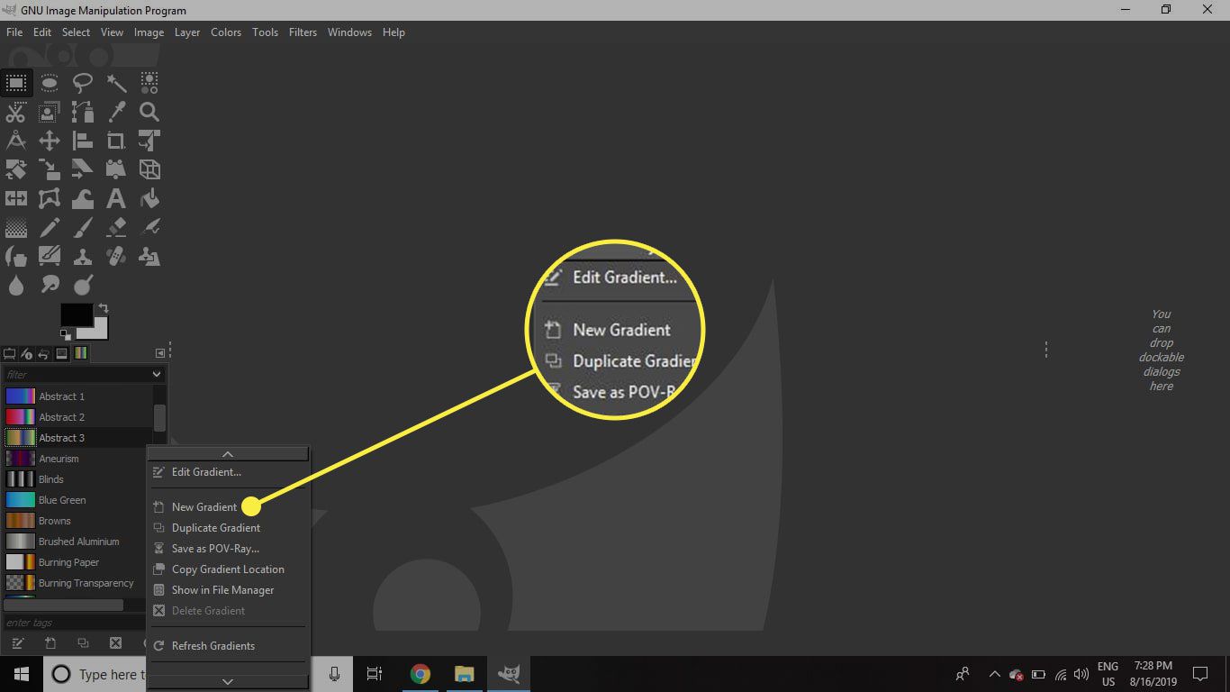 Uma captura de tela do GIMP com o comando New Gradient destacado