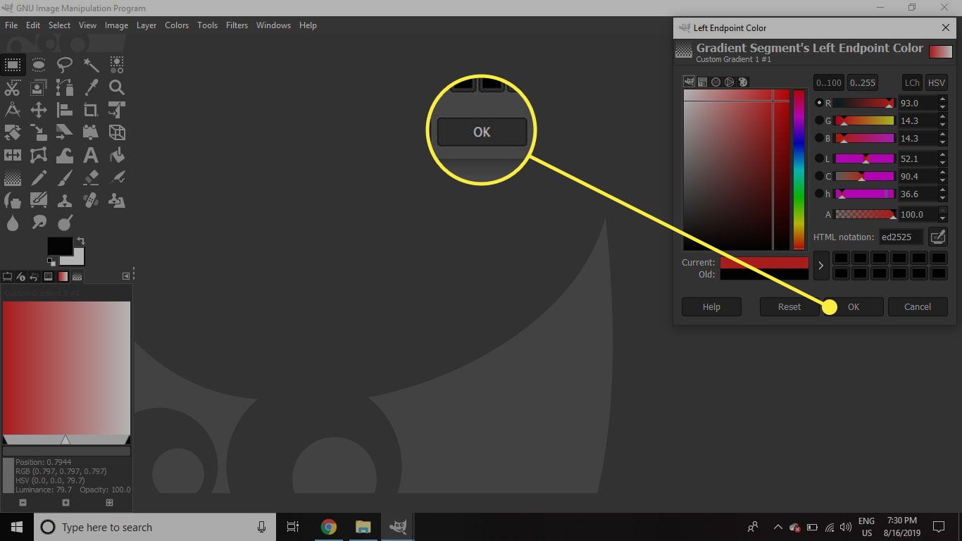 Uma captura de tela da janela Left Endpoint Color no GIMP com o botão OK destacado