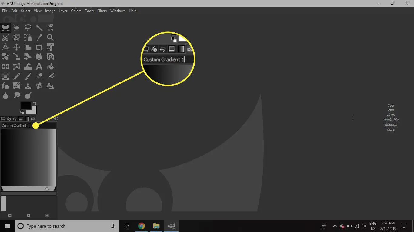 Uma captura de tela do GIMP com o campo do título do gradiente destacado