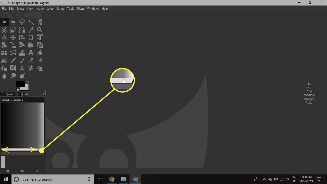 Uma captura de tela do GIMP com o controle deslizante de gradiente destacado