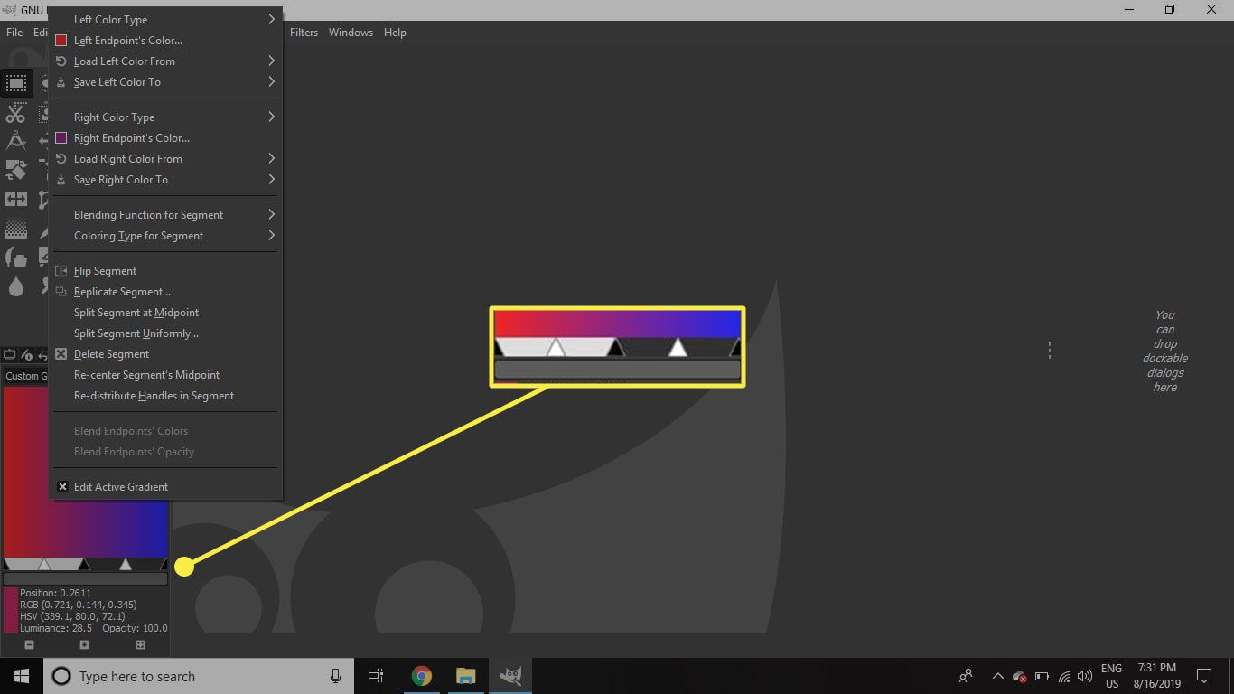 Uma captura de tela do GIMP com um gradiente dividido em destaque