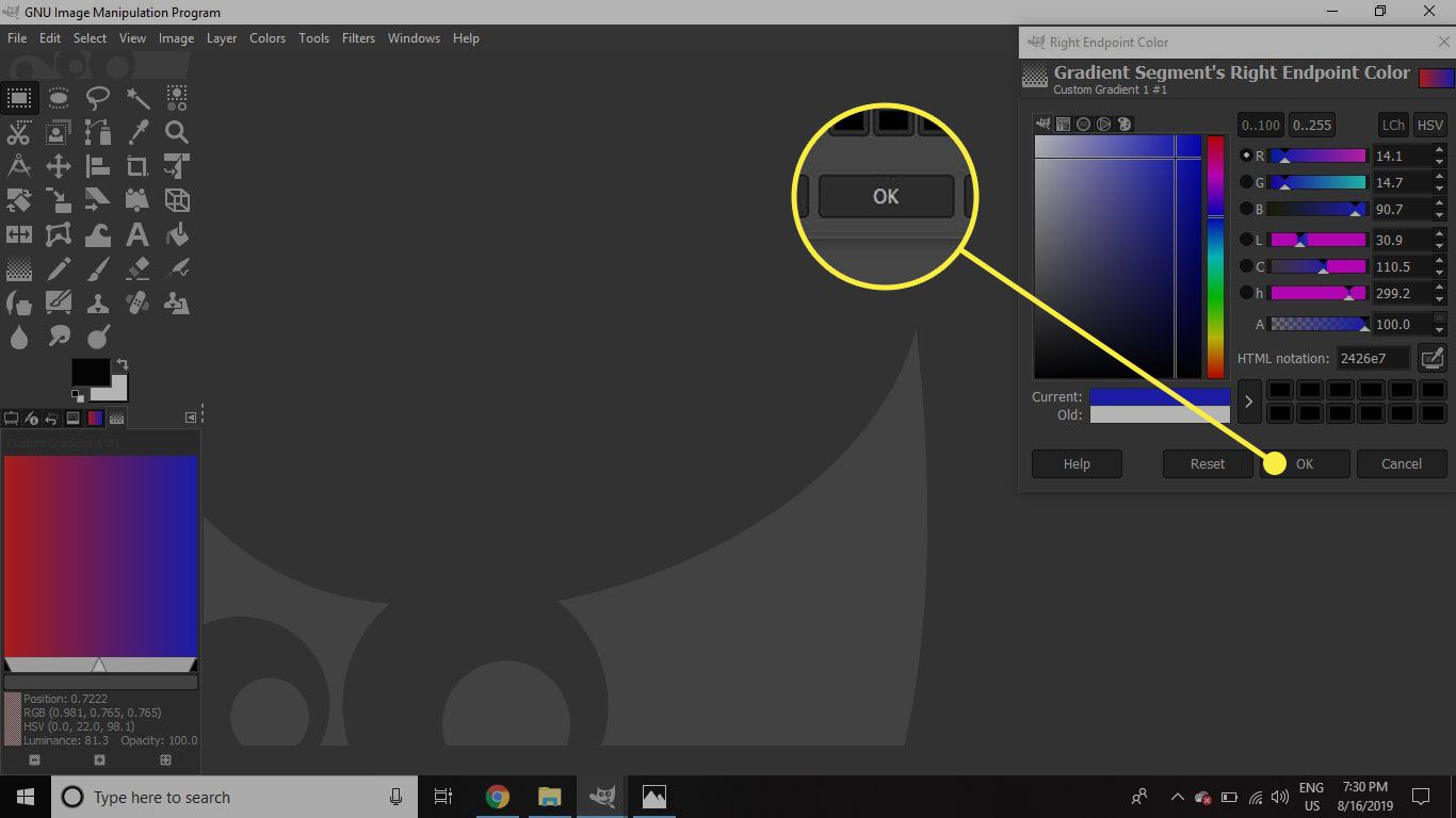 Uma captura de tela da janela Right Endpoint Color no GIMP com o botão OK destacado