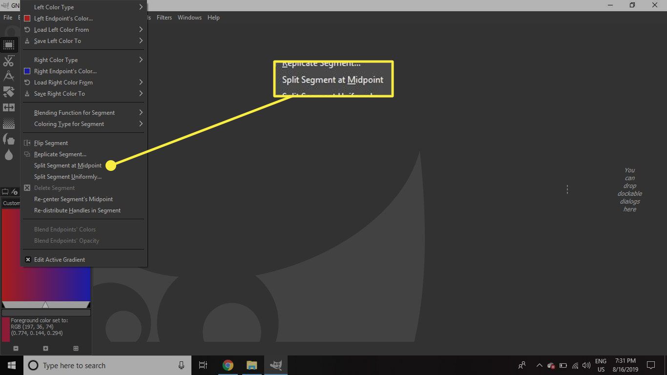 Uma captura de tela do GIMP com o comando "Split Segment at Midpoint" destacado
