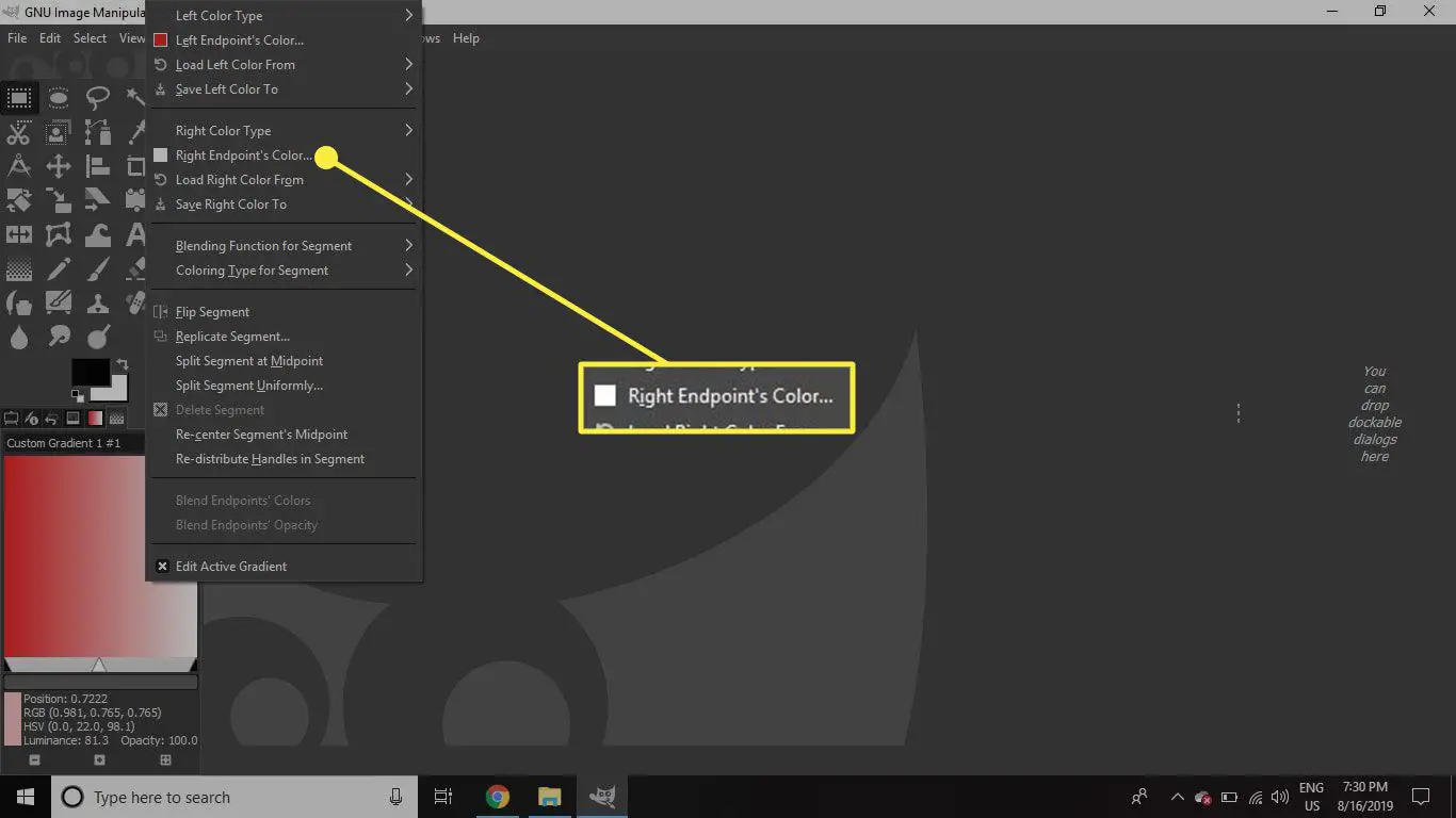 Uma captura de tela do GIMP com o comando Right Endpoint's Color destacado