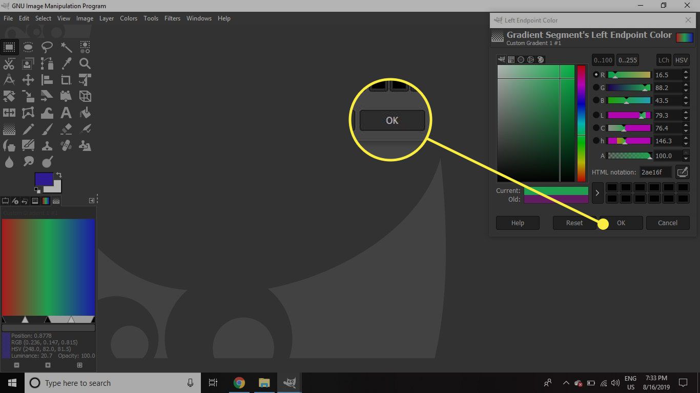 Uma captura de tela da janela Left Endpoint Color do GIMP com o botão OK destacado