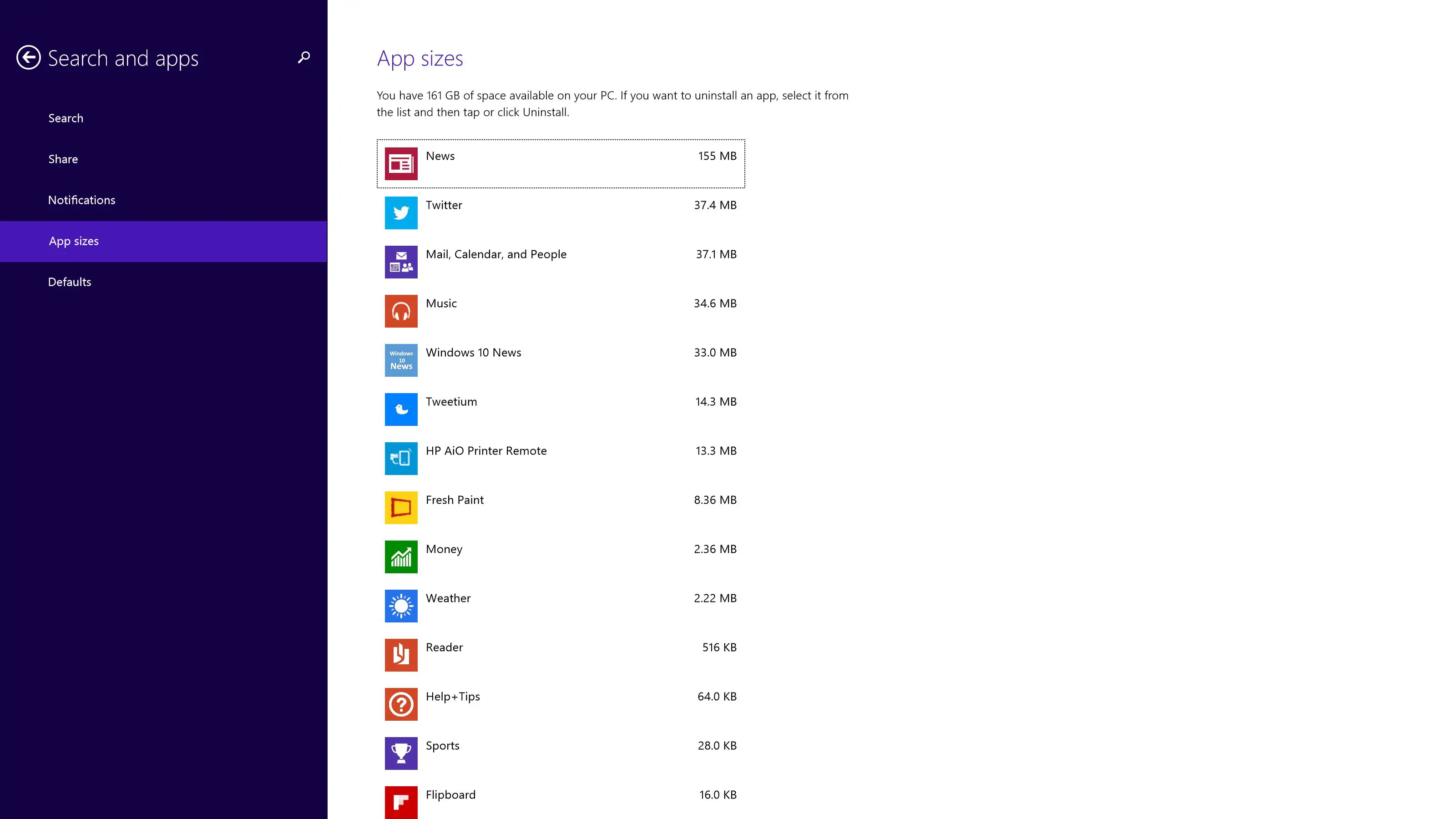 A lista de aplicativos no Windows 8