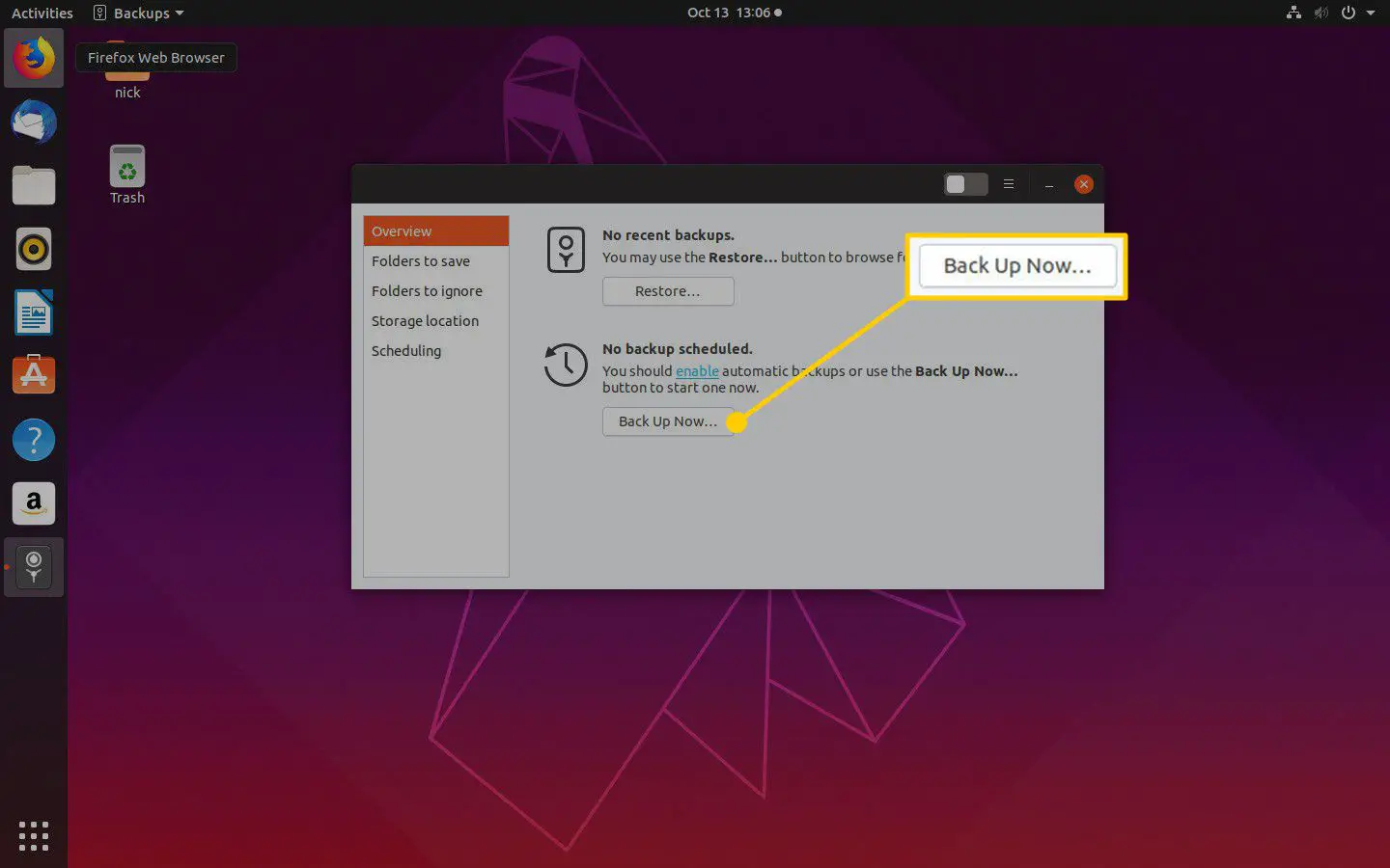 Botão Fazer backup agora no Ubuntu