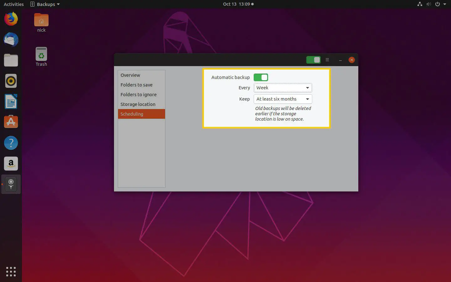 Opções de agendamento de backup no Ubuntu