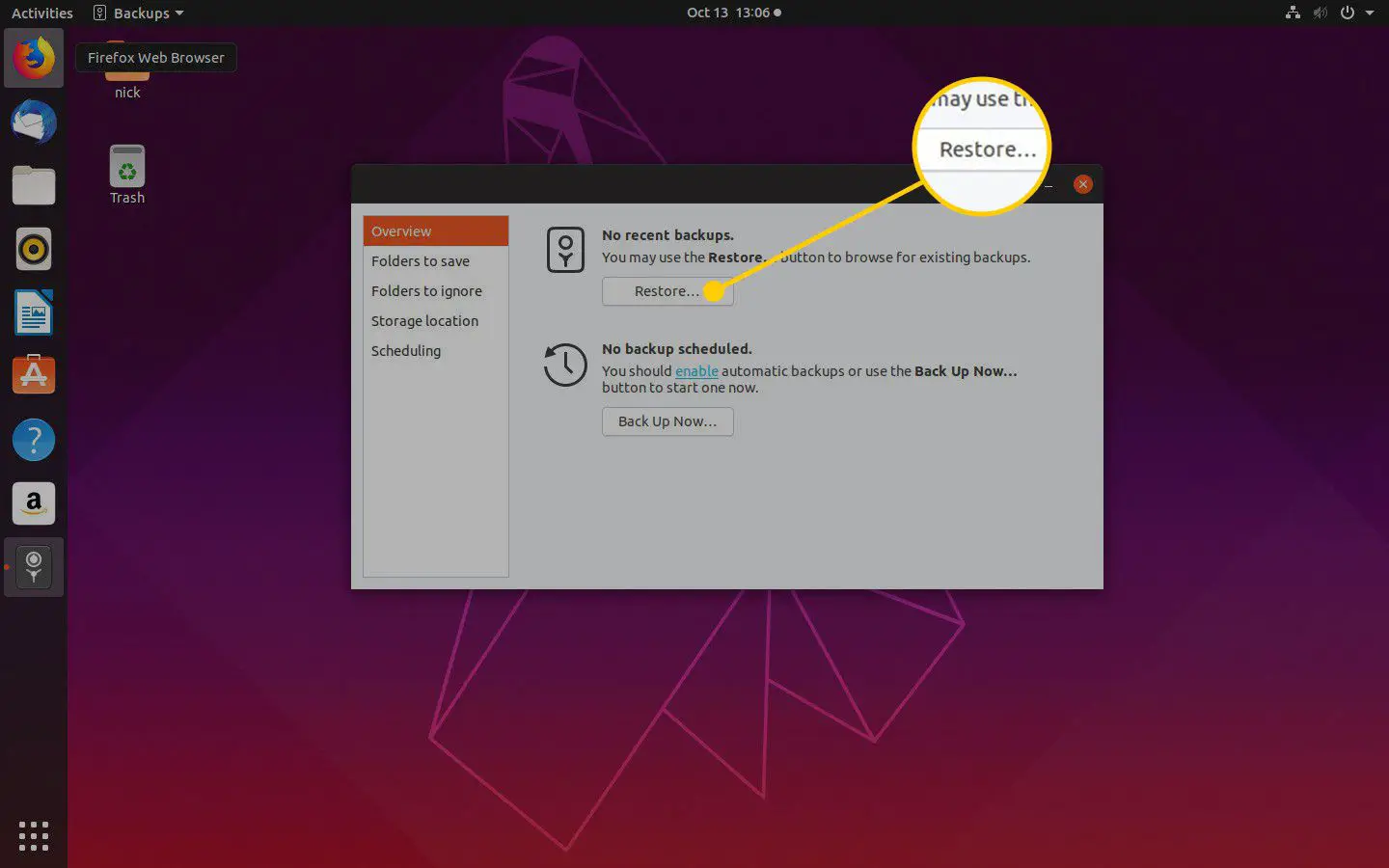 Botão Restaurar no Ubuntu