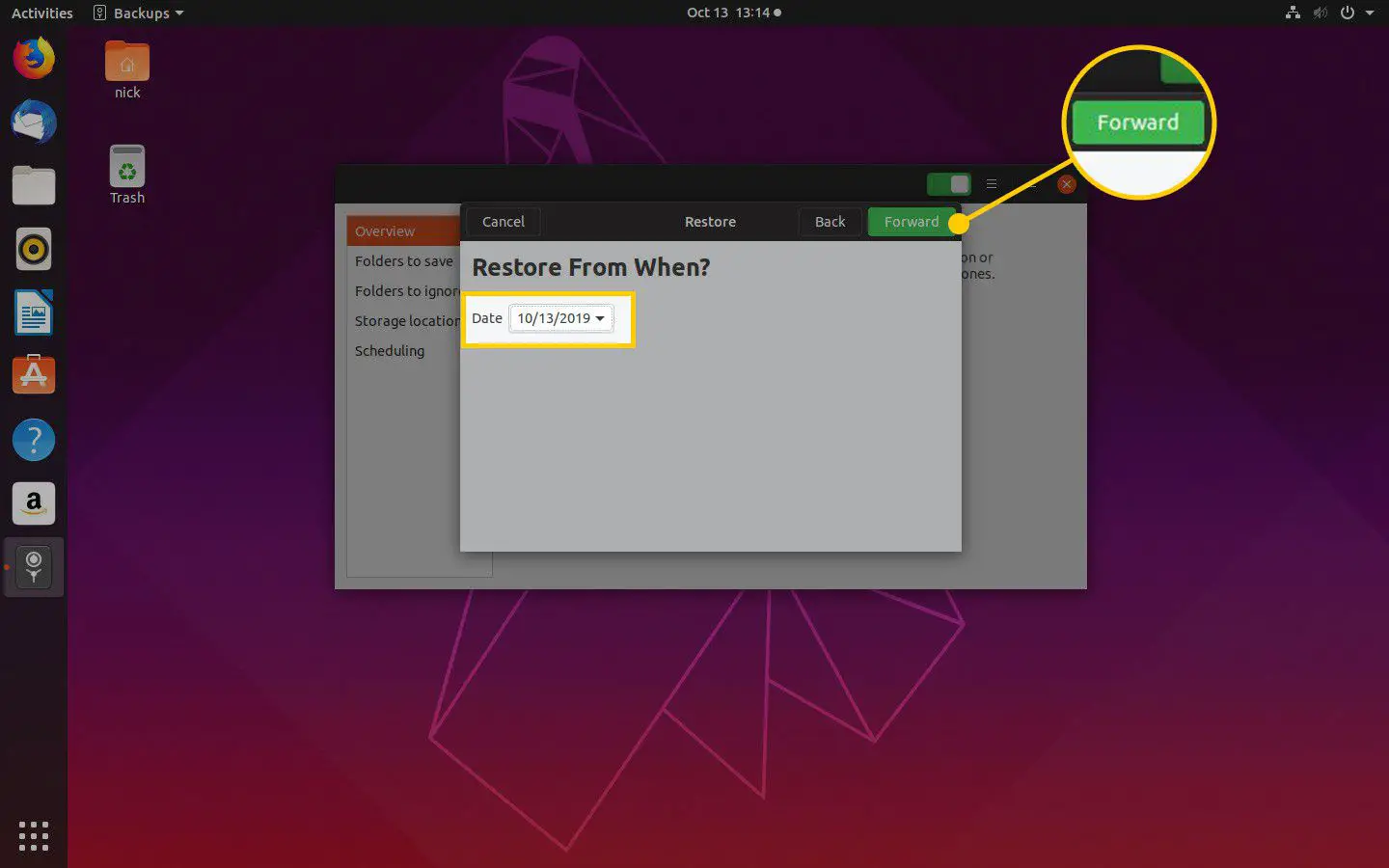 Botão Avançar na janela Restaurar no Ubuntu