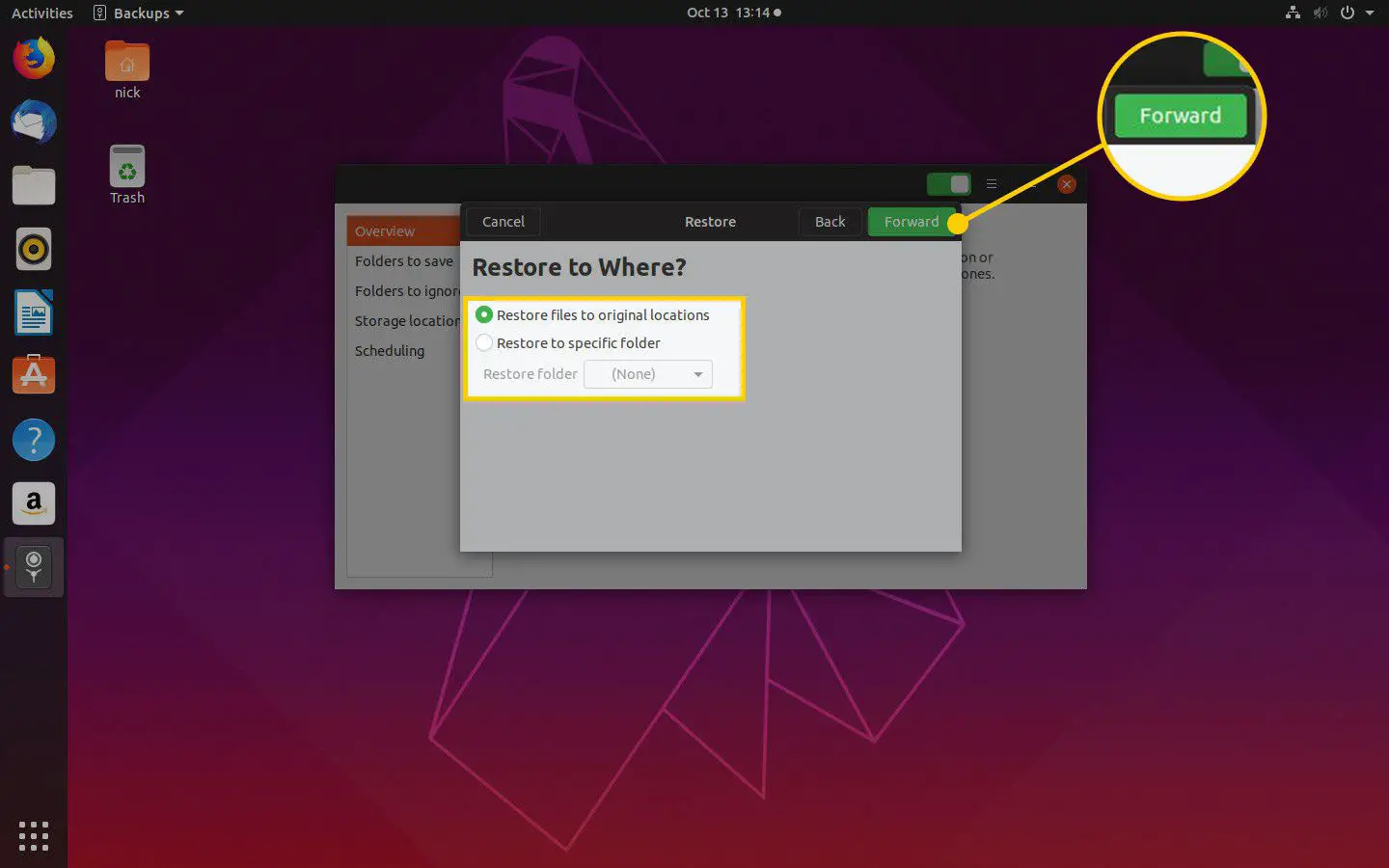 Opções de restauração e botão Avançar no Ubuntu