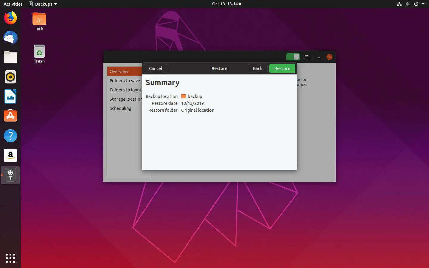 Janela de resumo do backup de restauração do Ubuntu