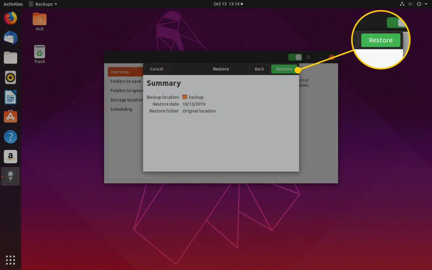 Botão Restaurar da janela de resumo de backup no Ubuntu