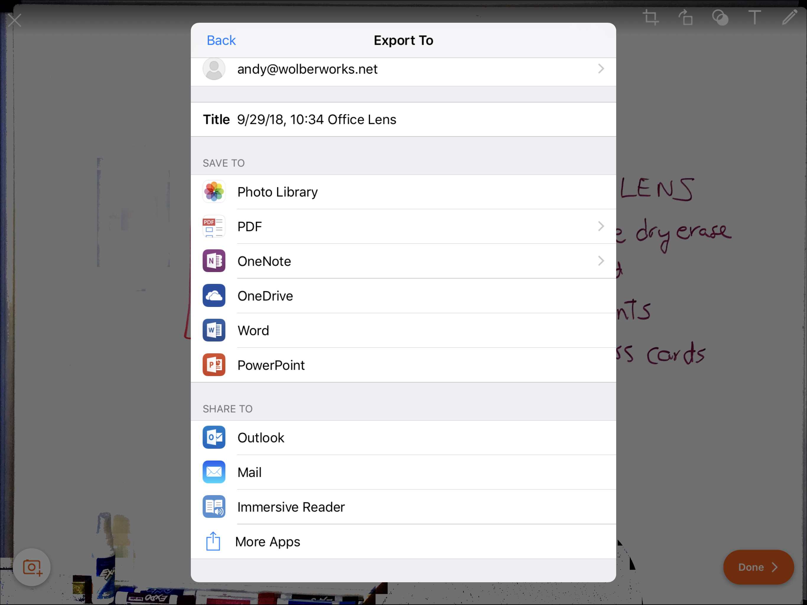 Captura de tela das opções de exportação do Microsoft Lens: principalmente para outros aplicativos da Microsoft, mas também PDF, Foto e Correio