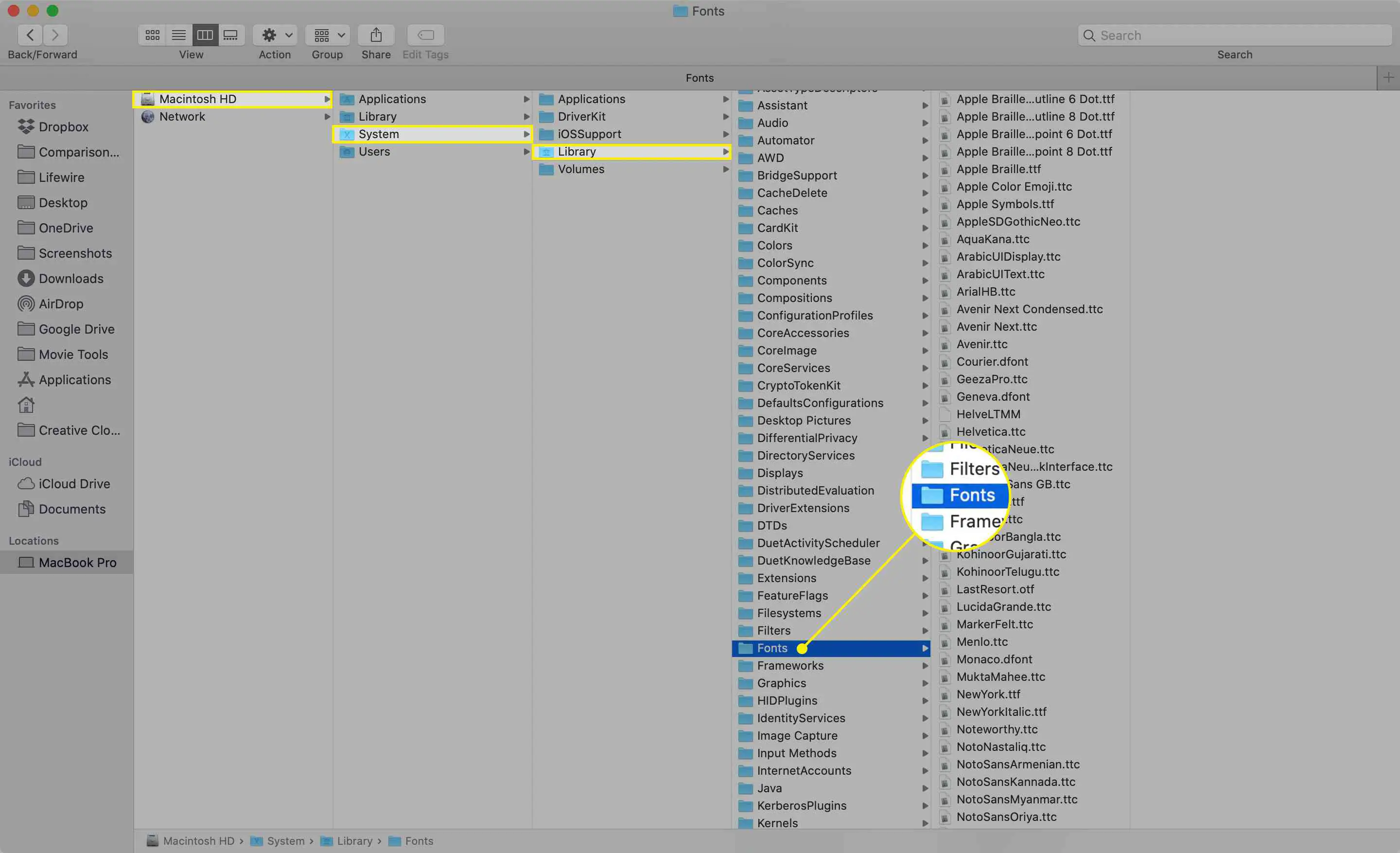 O caminho para o arquivo Fonts no macOS Finder
