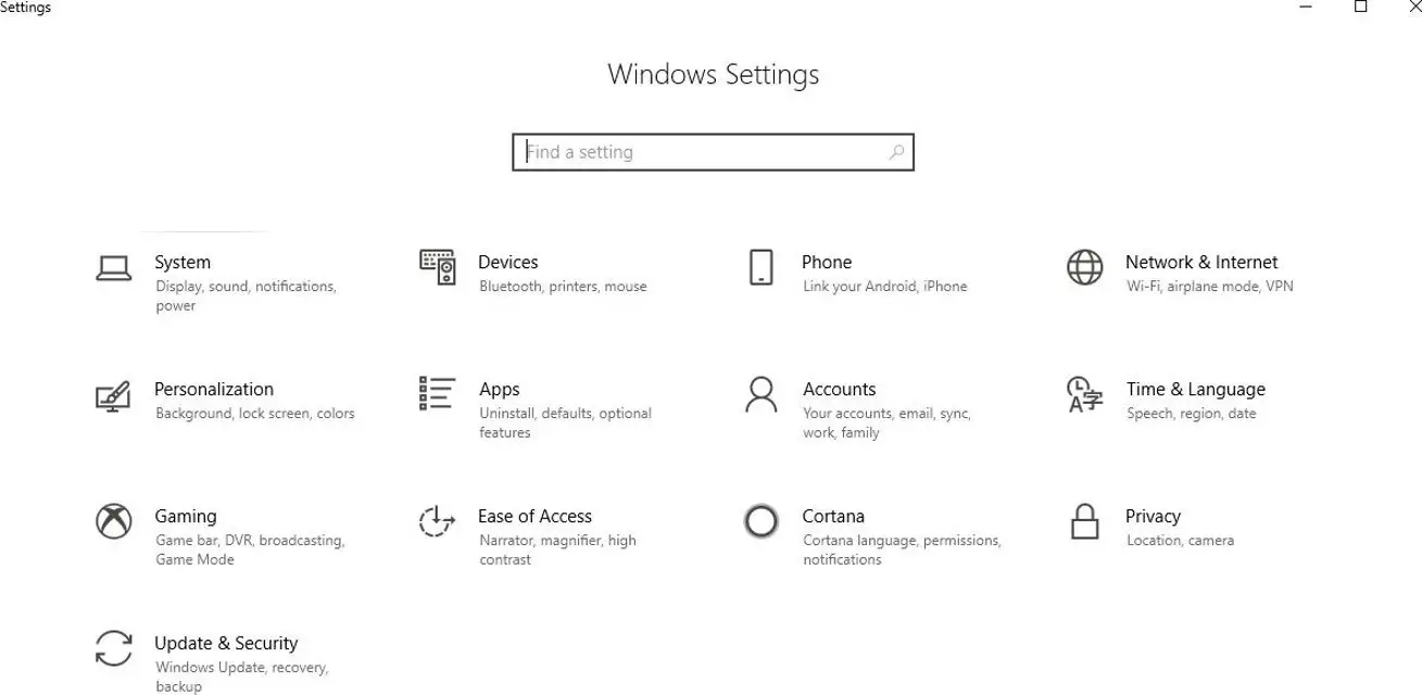 Uma captura de tela da interface de configurações do Windows 10