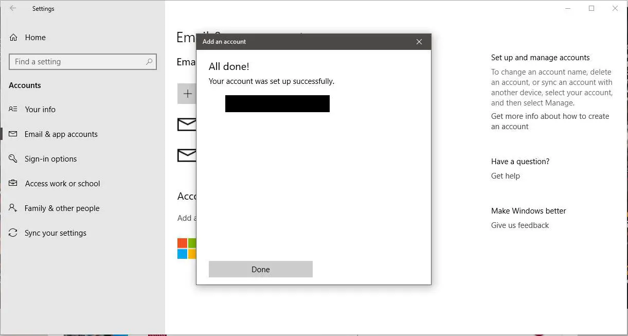 Uma captura de tela da mensagem de confirmação do Windows 10 Adicionar uma conta.