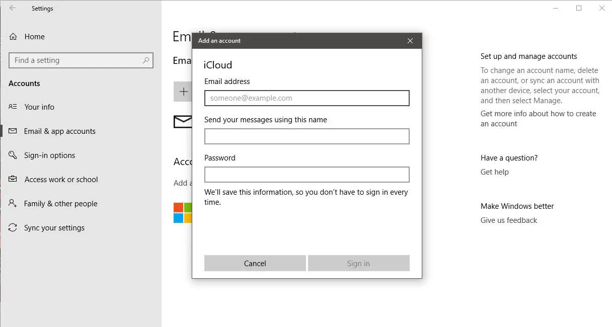 Uma captura de tela de um usuário adicionando sua conta do iCloud ao Windows 10