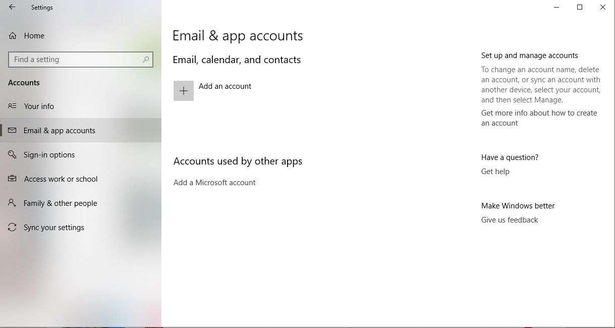 Uma captura de tela das configurações de contas de e-mail e aplicativos do Windows 10