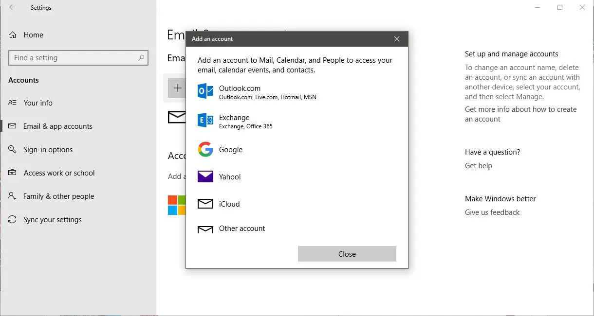 Uma captura de tela da caixa de diálogo Adicionar uma conta do Windows 10