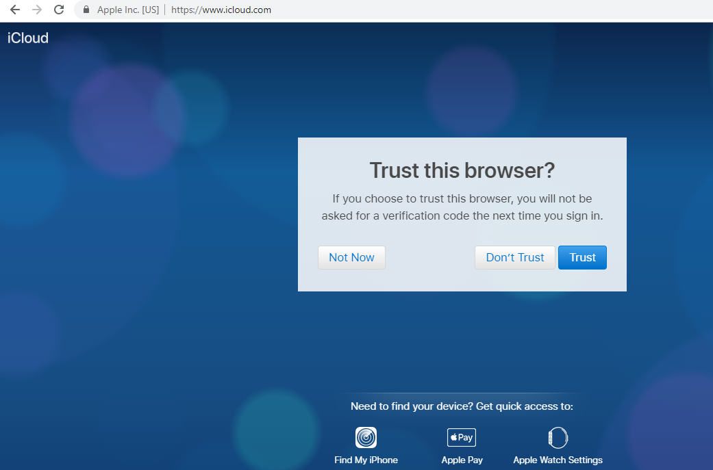 Uma captura de tela da pergunta de confiança do navegador iCloud no navegador Google Chrome