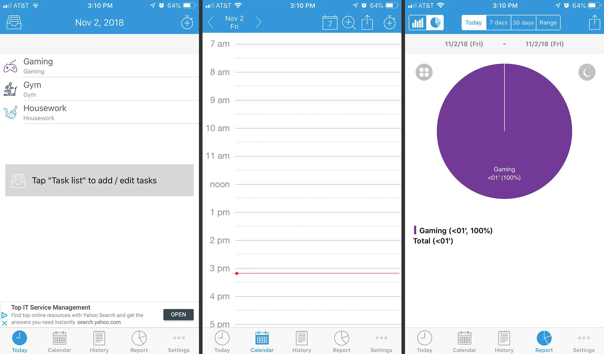 Três telas ATracker iOS, mostrando lista de tarefas, calendário e gráfico de pizza