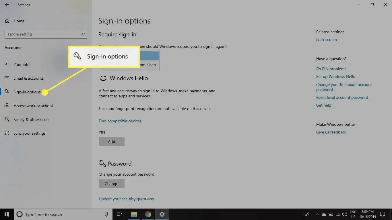 A seção Opções de login nas configurações de conta do Windows 10