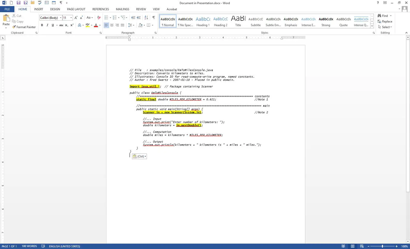 Microsoft Word exibindo código-fonte para inserir em um documento de apresentação do Word