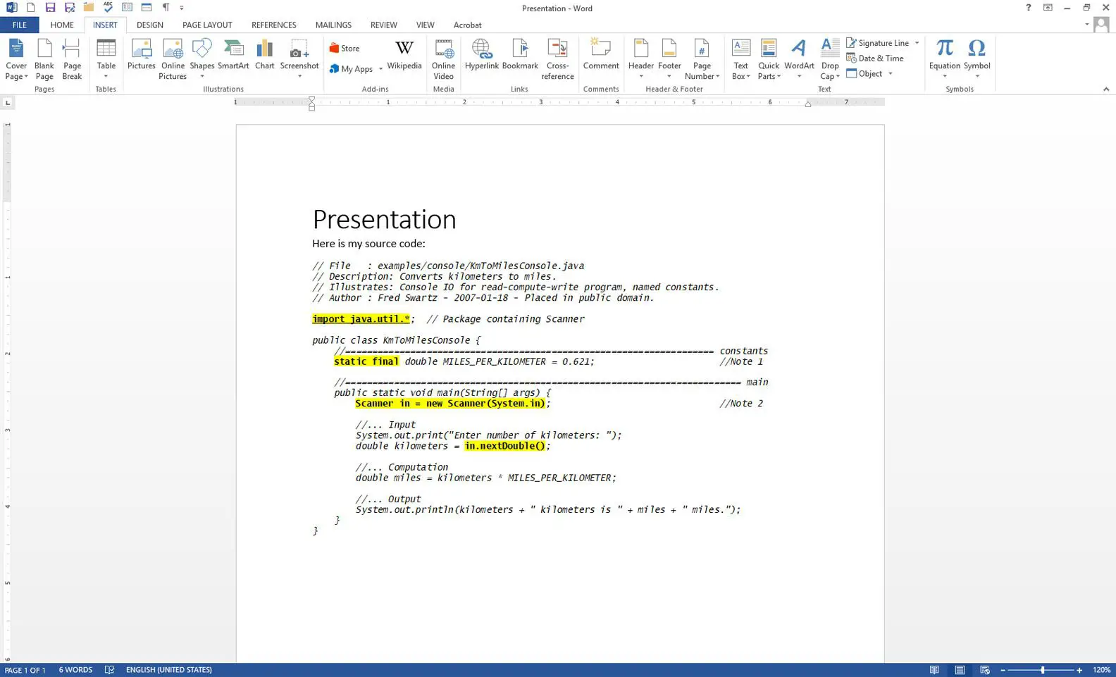 Documento Microsoft Word com código-fonte inserido