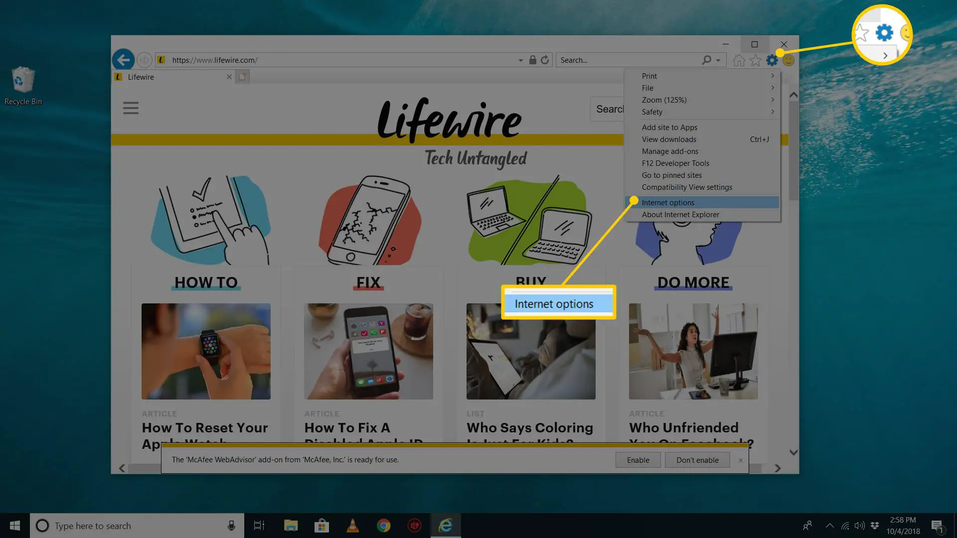Botão de ferramentas e item de menu de opções da Internet no Windows 10 Internet Explorer