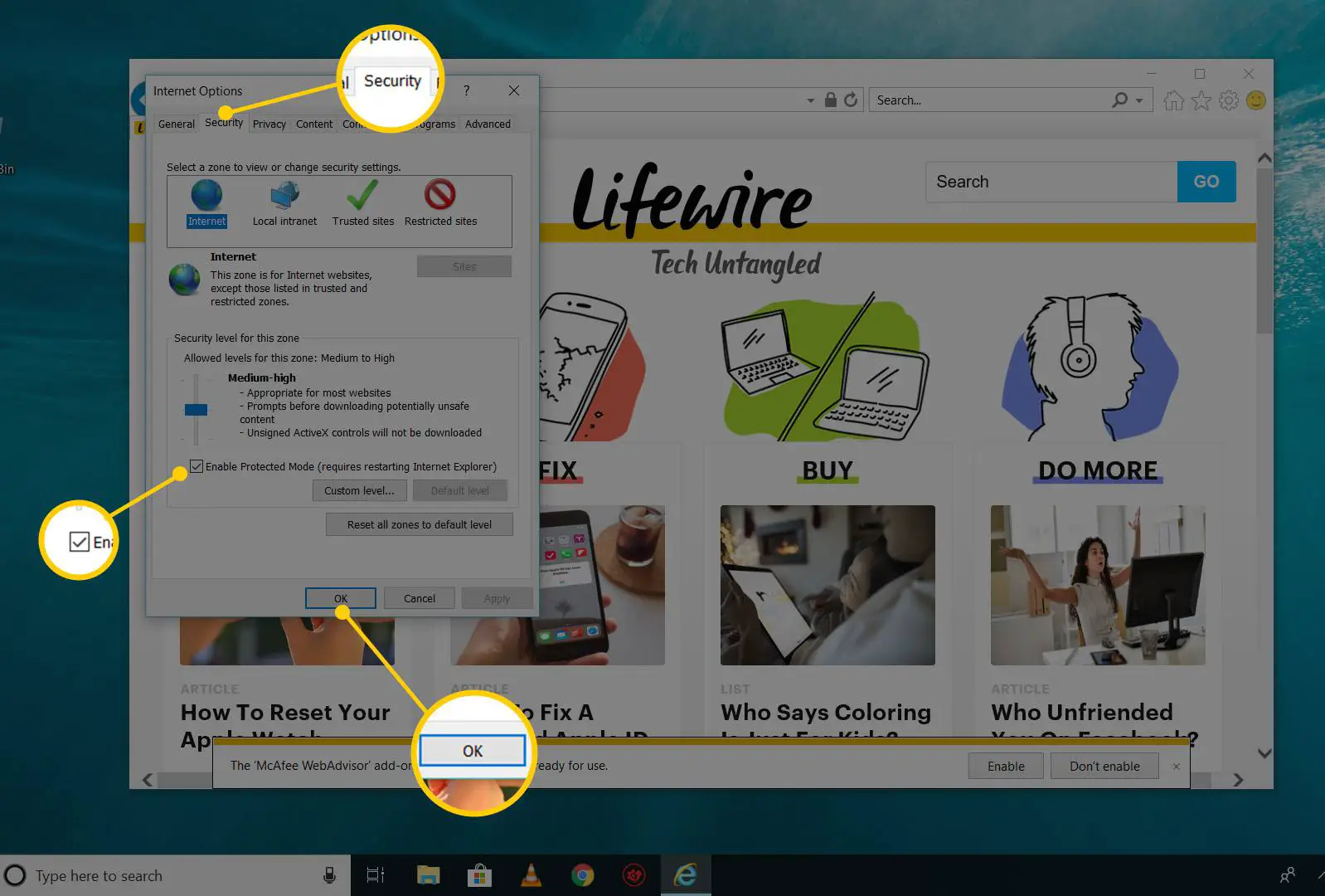Guia Segurança, botão Habilitar Modo Protegido e botão OK na janela Opções da Internet do WIndows 10 Internet Explorer