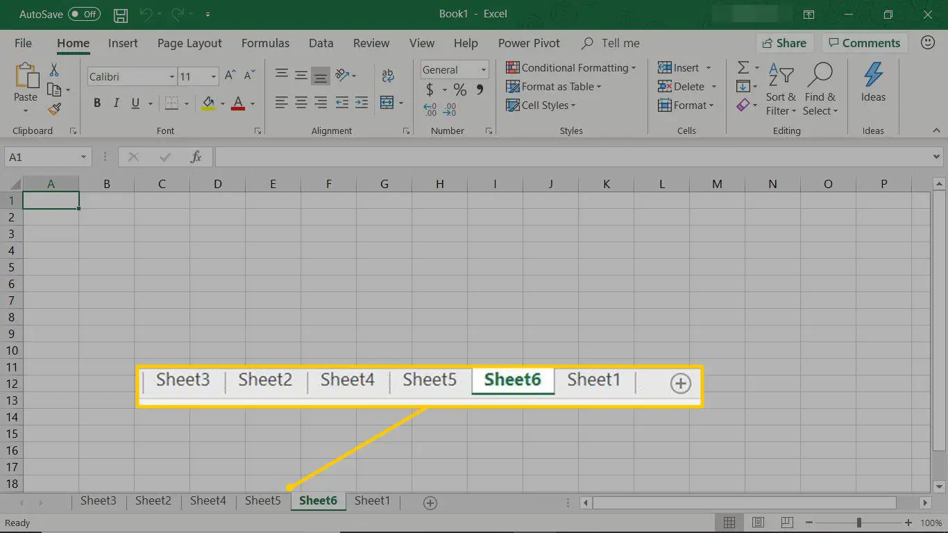 Nomes de planilhas e botão Nova planilha (+) no Excel