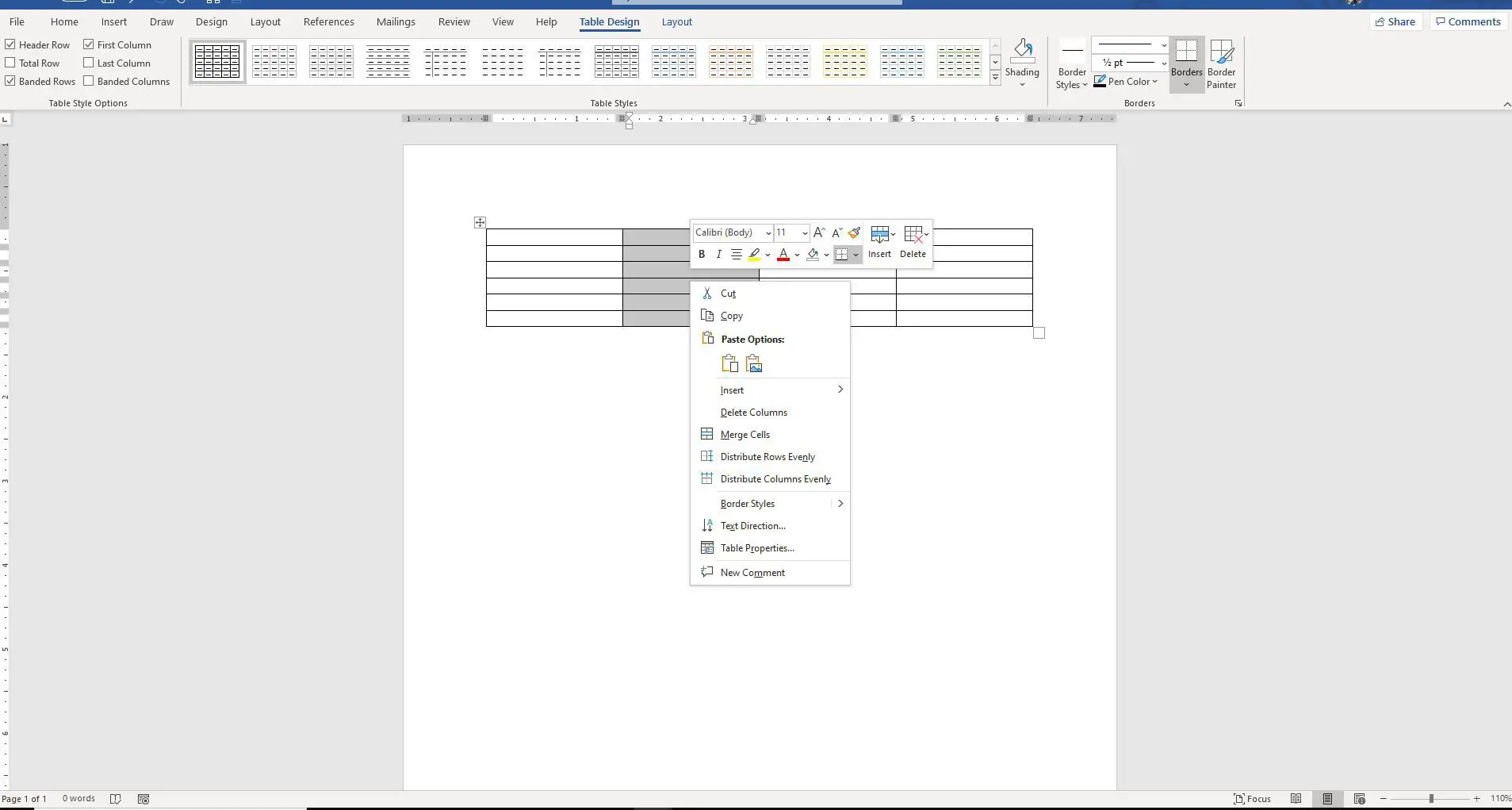 Captura de tela do menu do botão direito nas células da tabela selecionada