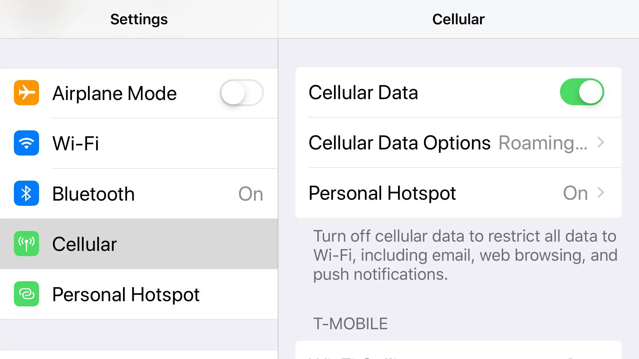 Uma captura de tela das configurações de celular do iOS mostrando a opção Cellular Data.