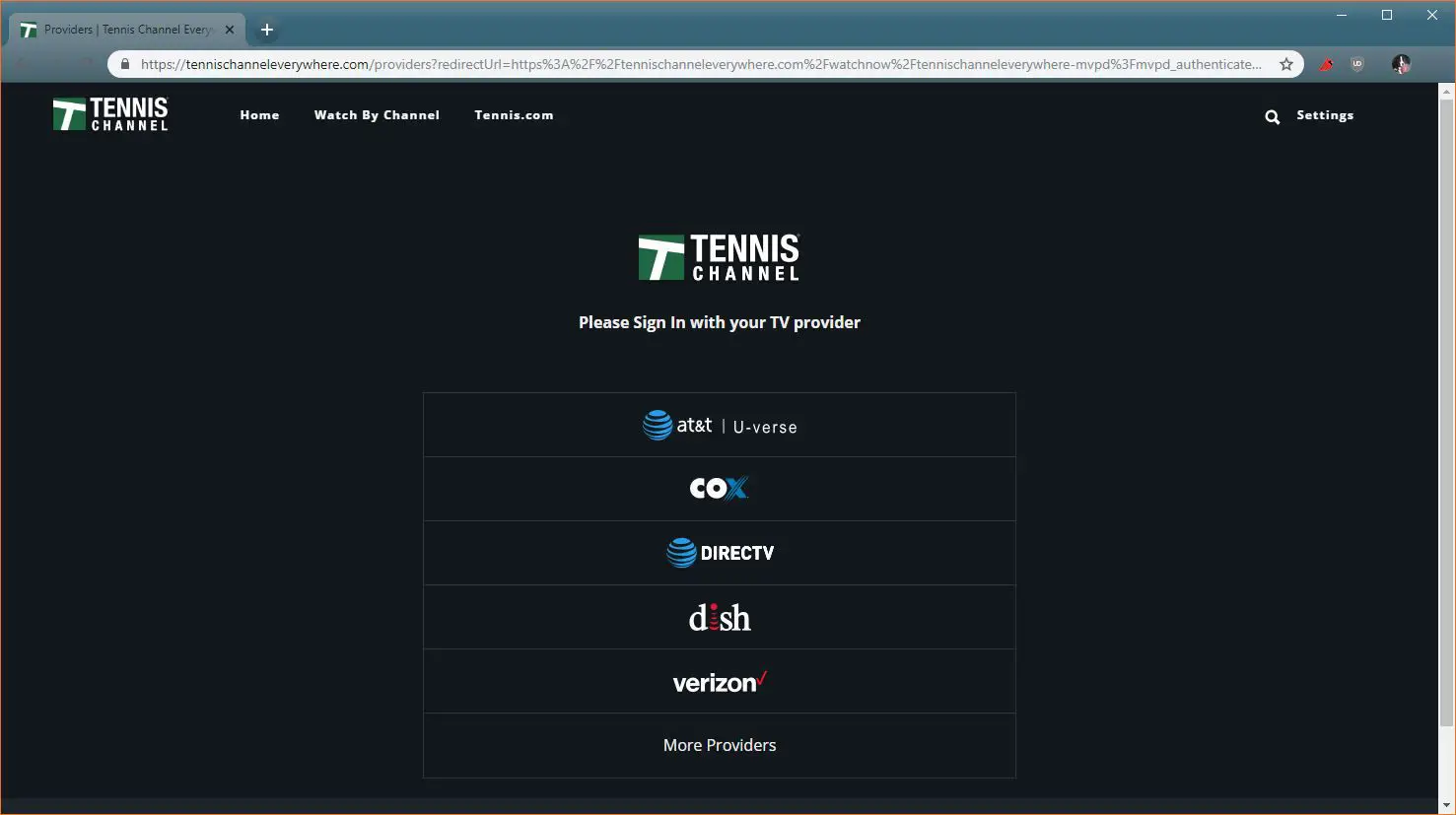 Uma captura de tela da página de seleção do provedor de canais de tênis.