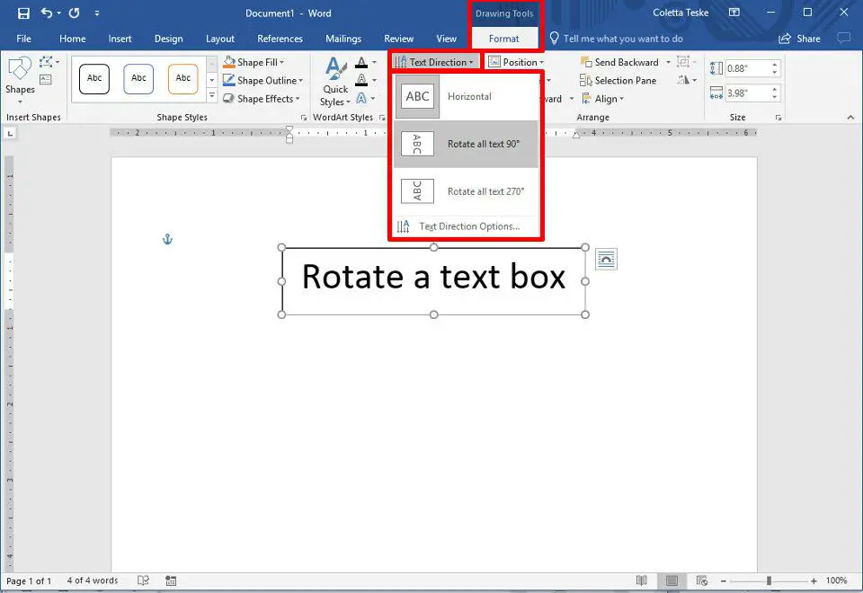 Uma captura de tela mostrando as opções para girar a direção do texto em uma caixa de texto
