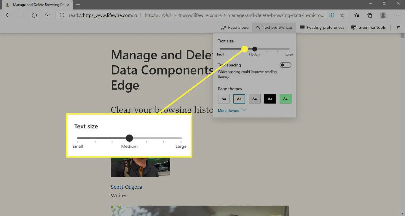 Uma captura de tela do Edge com o controle deslizante Tamanho do Texto destacado