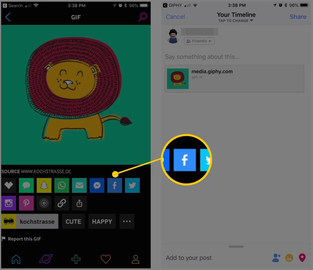 Captura de tela do aplicativo Giphy no iOS mostrando o botão de postagem do Facebook