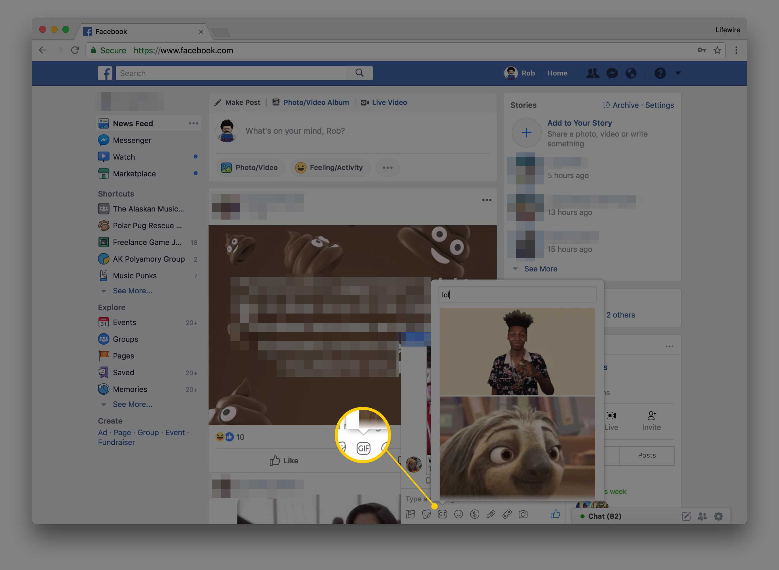Interface do Facebook para GIFs em mensagens privadas