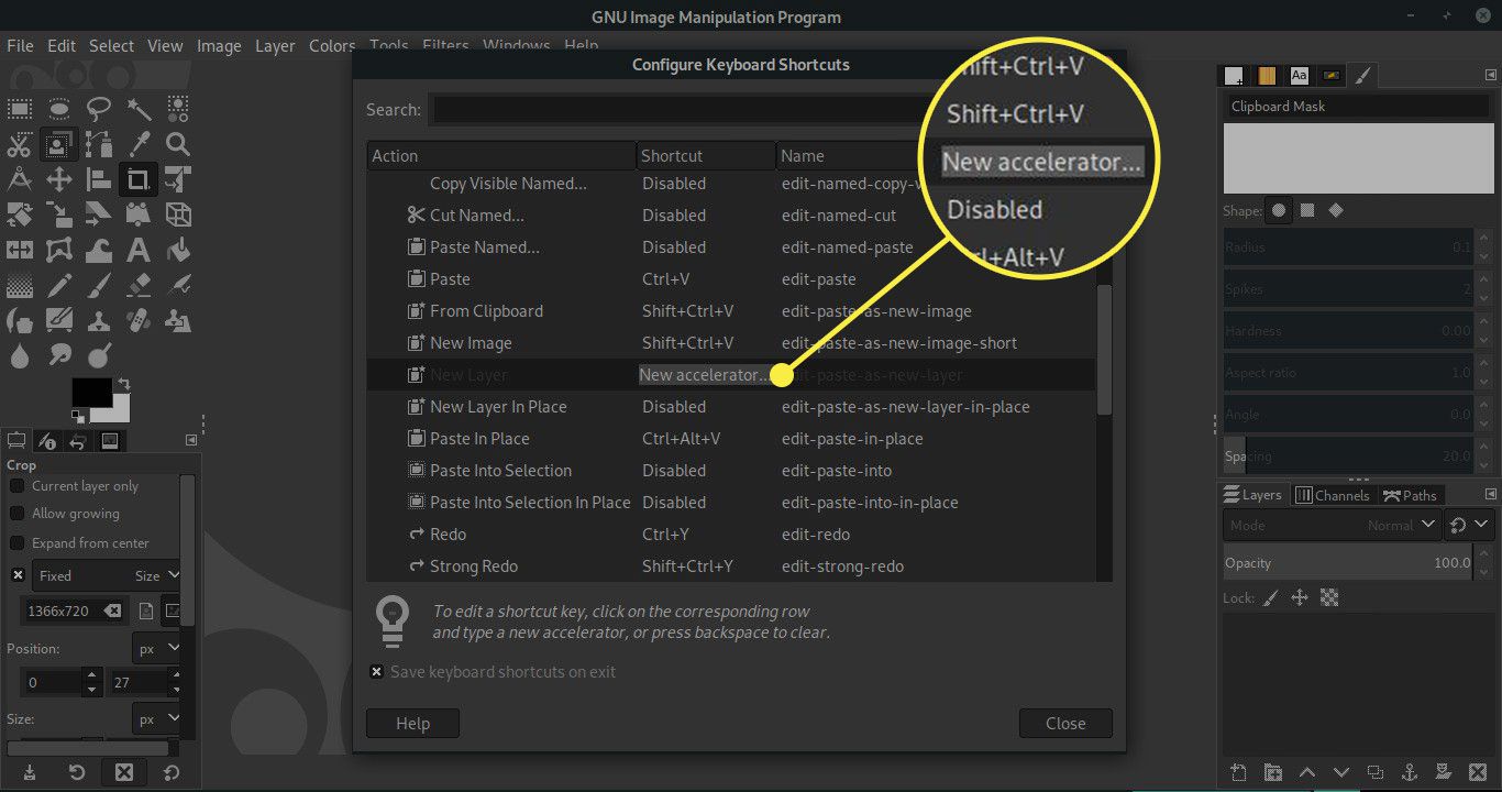 Uma captura de tela da tela Configurar atalhos de teclado no GIMP com o campo Novo acelerador destacado