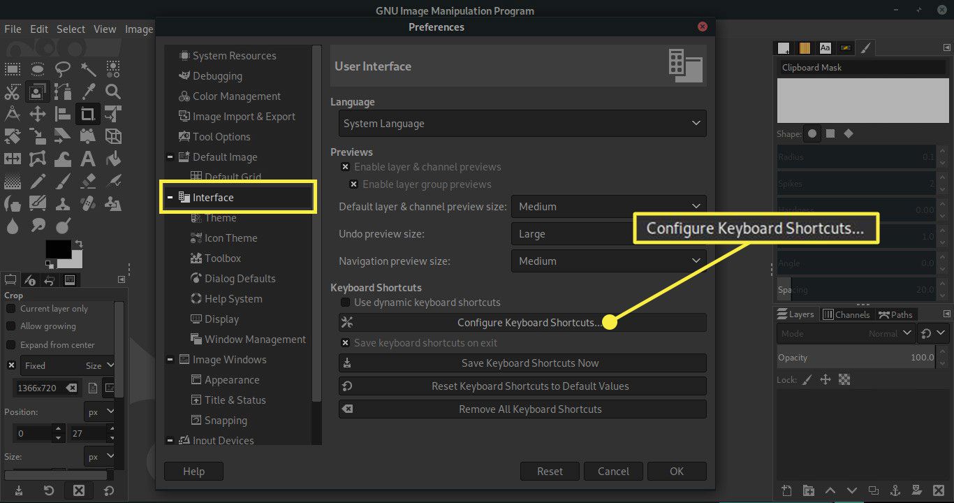 Uma captura de tela das preferências do GIMP com o título Interface e a opção Configurar Atalhos de Teclado destacados