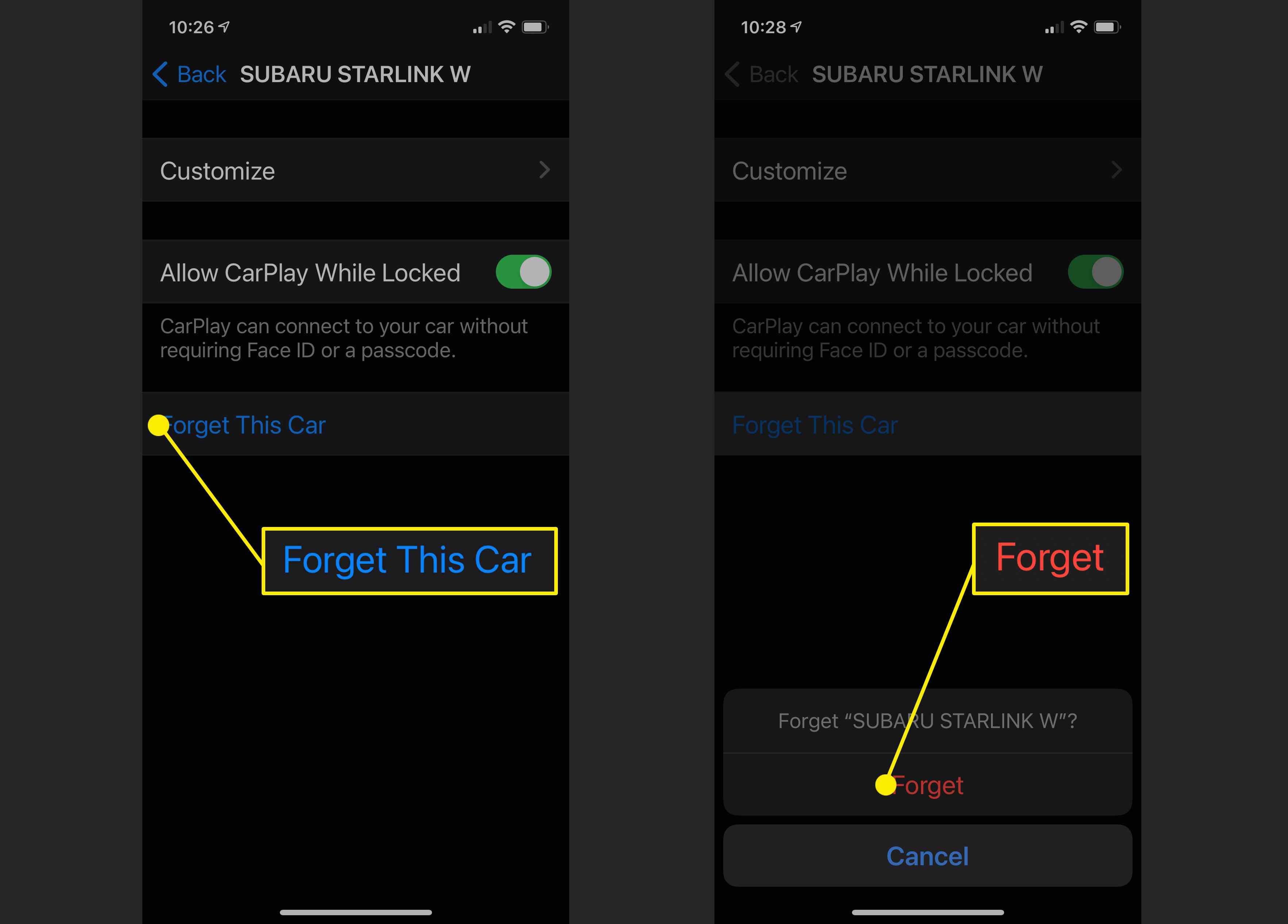 Capturas de tela das opções para esquecer um carro no Apple CarPlay.
