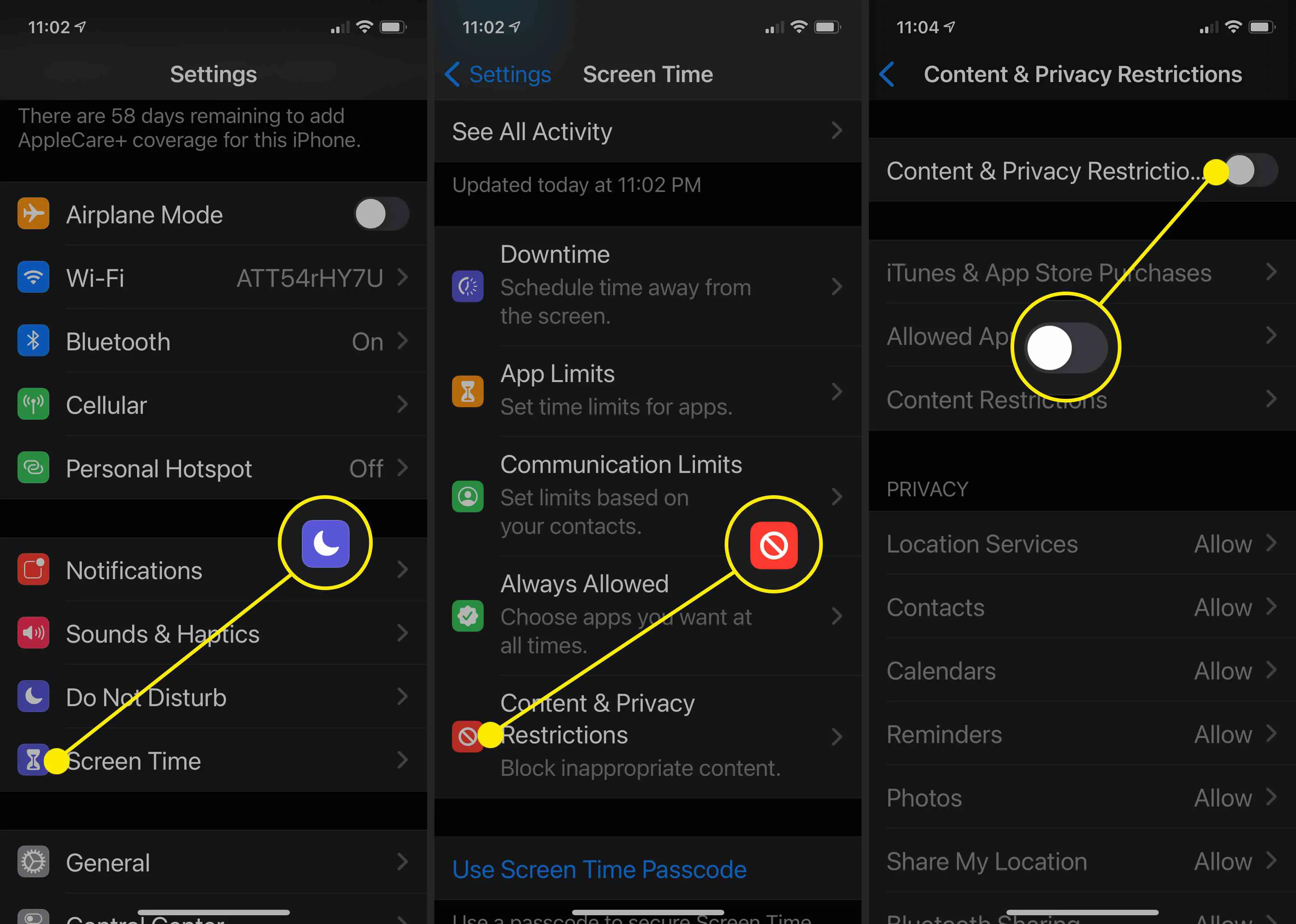 Capturas de tela mostrando como ativar as restrições de conteúdo e privacidade no iPhone.