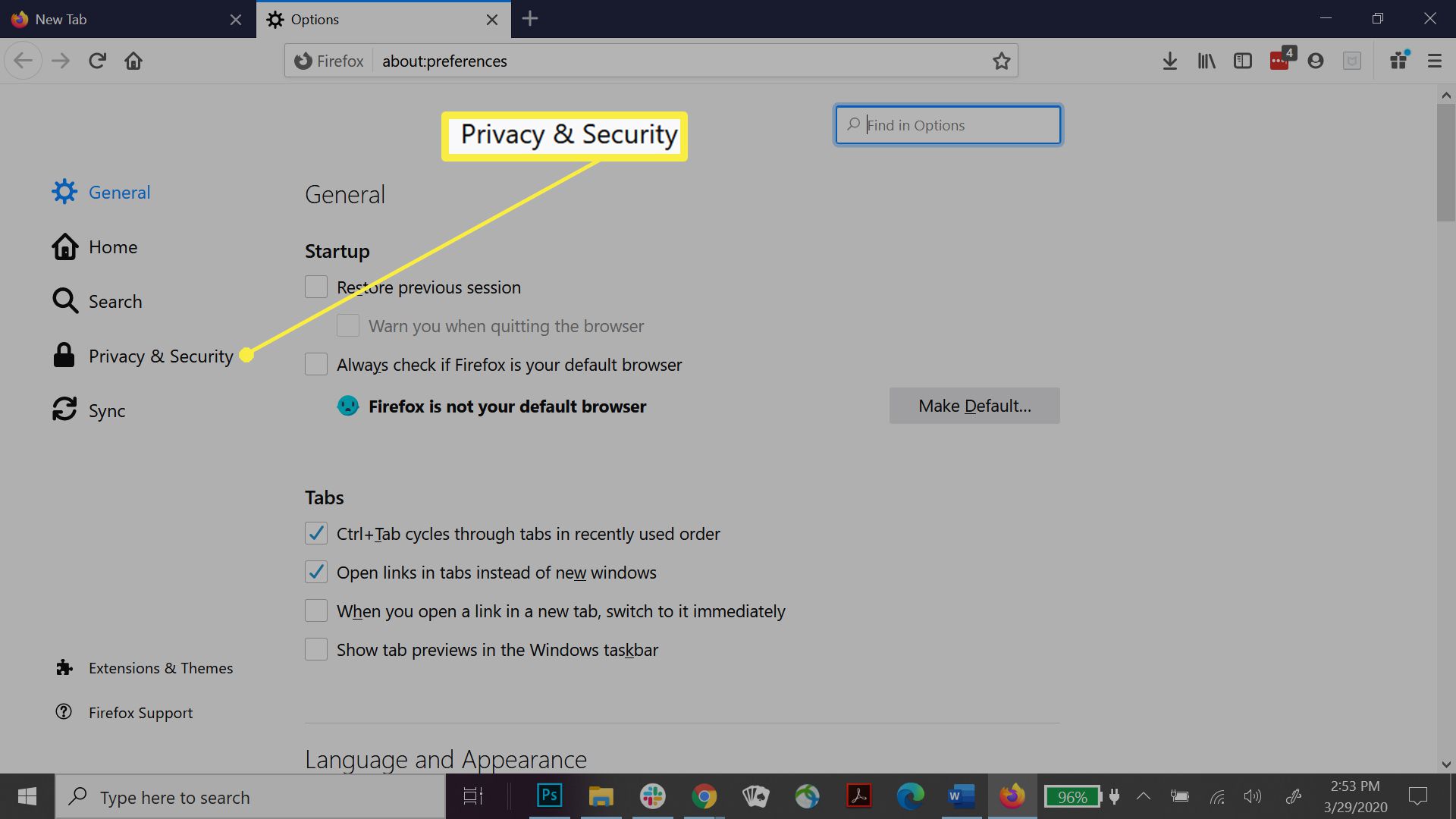 Configurações de privacidade e segurança do Firefox