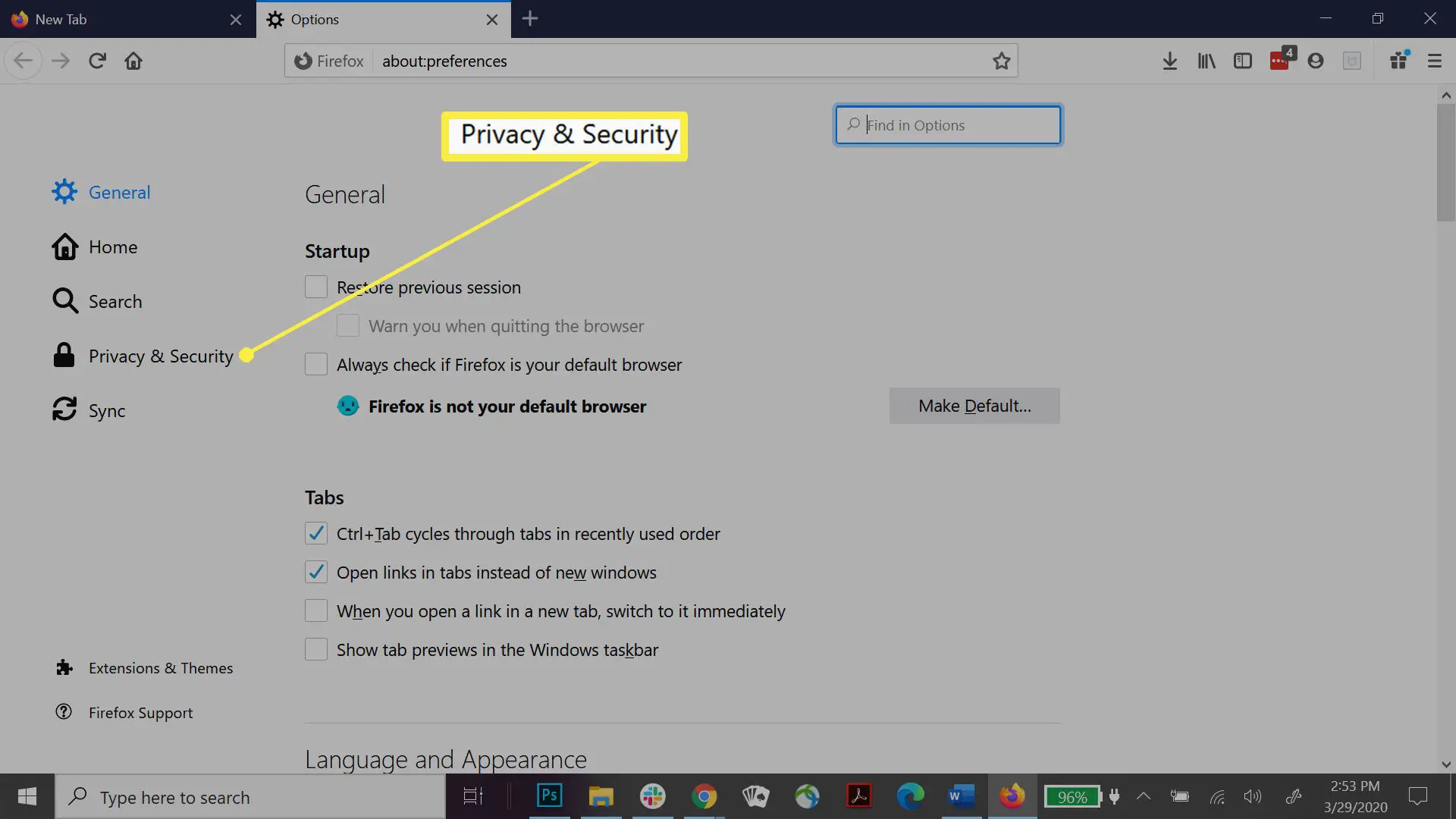 Configurações de privacidade e segurança do Firefox.
