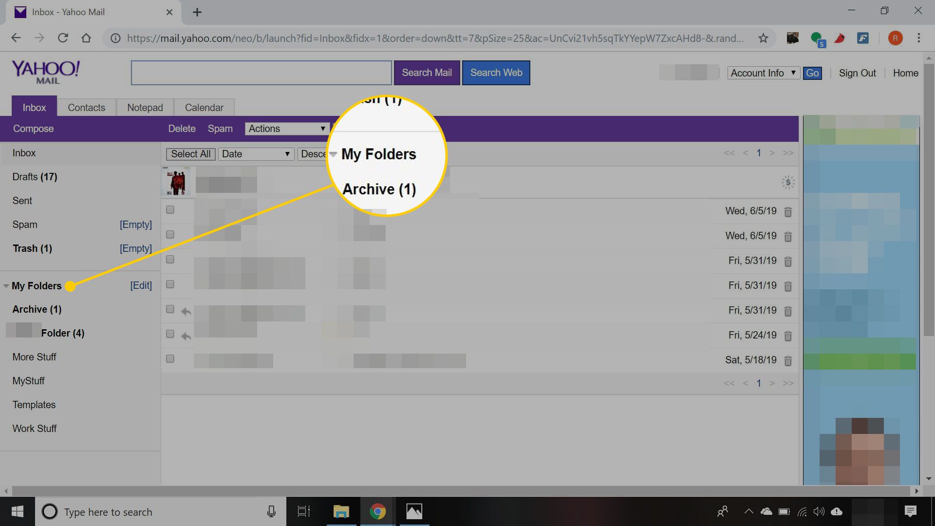Yahoo Mail Basic com o menu de pastas destacado