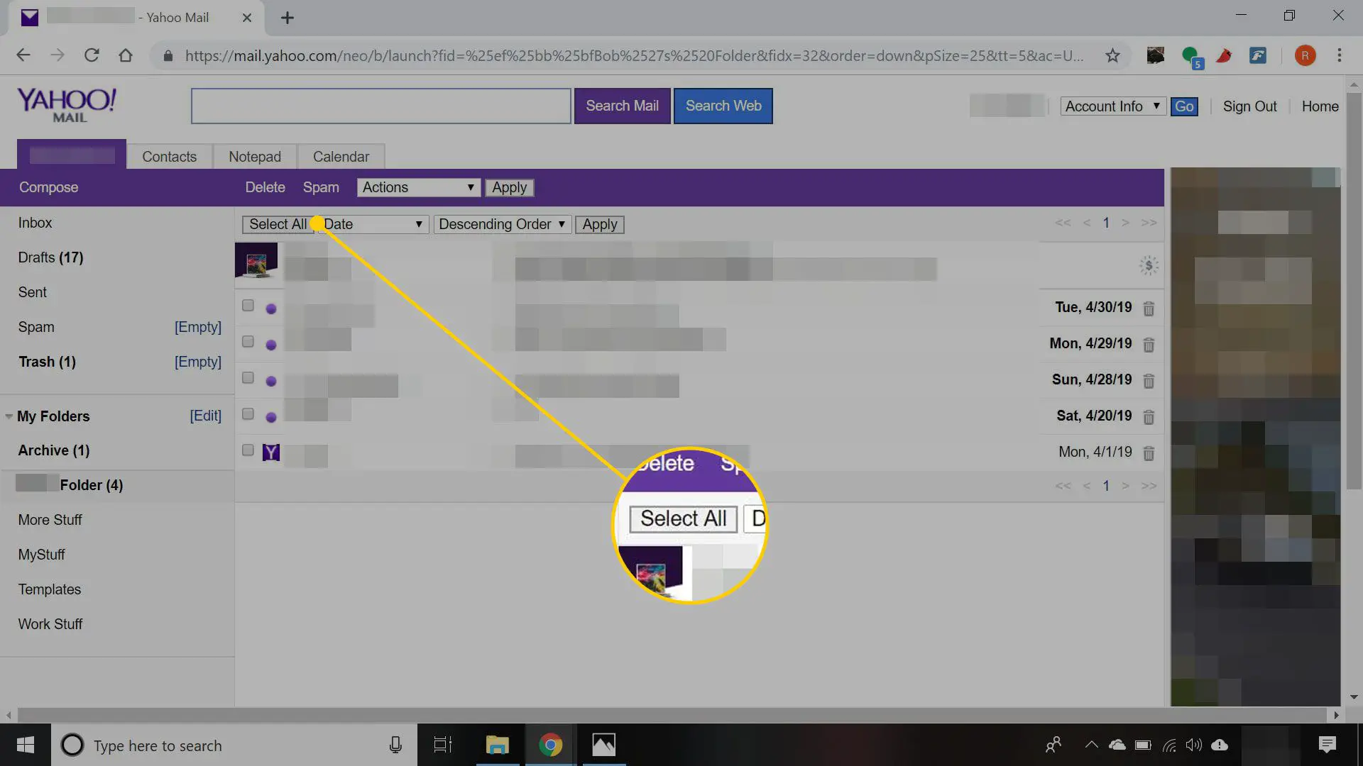 Yahoo Mail Basic com o botão Selecionar tudo destacado
