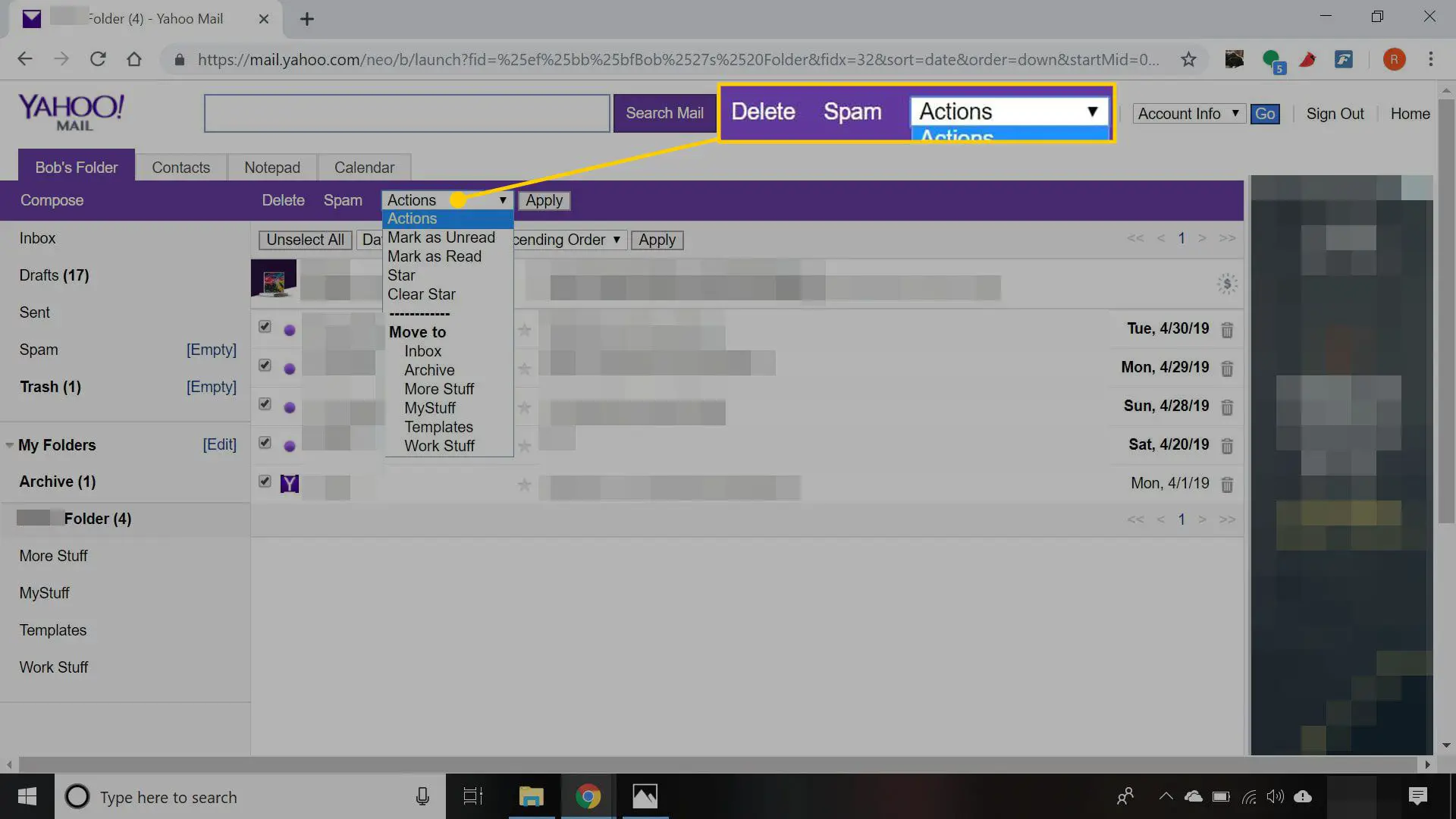 Yahoo Mail Basic com o menu de ações destacado